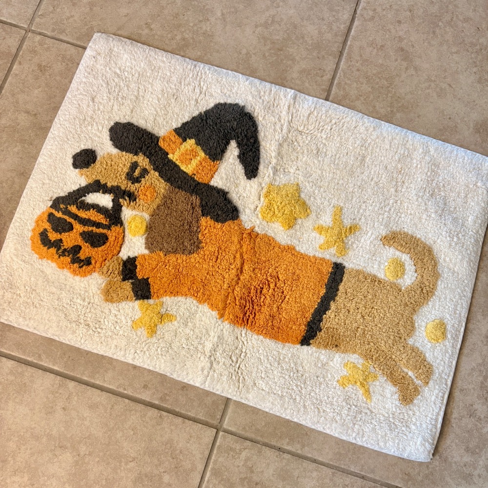 Halloween Dog Bath Rug Dachshund Witch Hat Pumpkin 17x24 Beige Orange